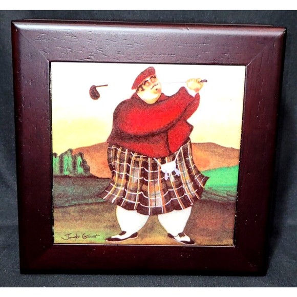 Wine Stopper Set Fat Golfer Wood Box Ceramic Tile Inset W/Box Jennifer Garant - Picture 5 of 12